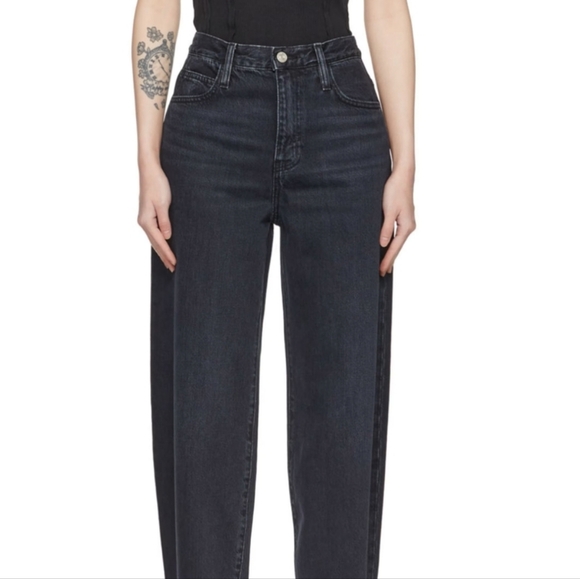 Frame Black Ultra High Rise Barrell Jeans Cropped Frayed Raw Hem Wide Size 24 - Picture 1 of 10